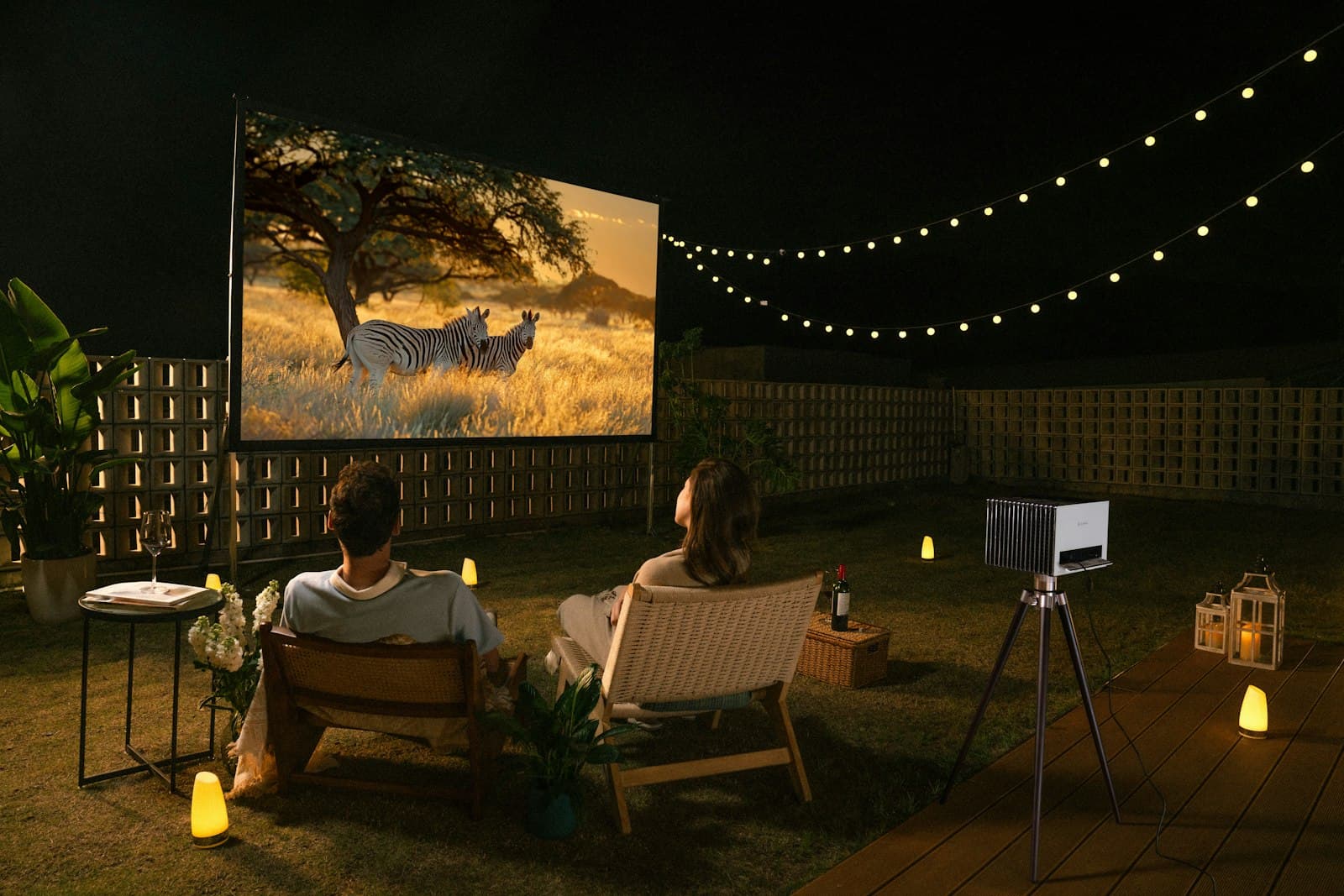 Two people in chairs watching a film on an open-air screen strung with festoon lights